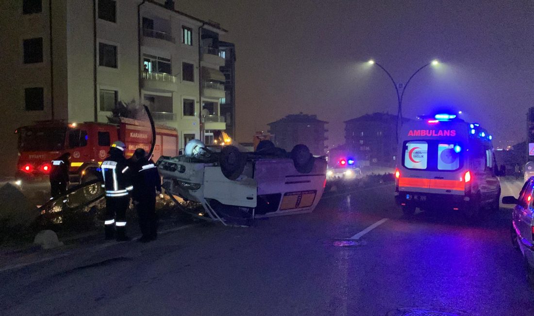 Karaman’da kontrolden çıkan minibüs, aydınlatma direğine çarparak takla attı. Kazada